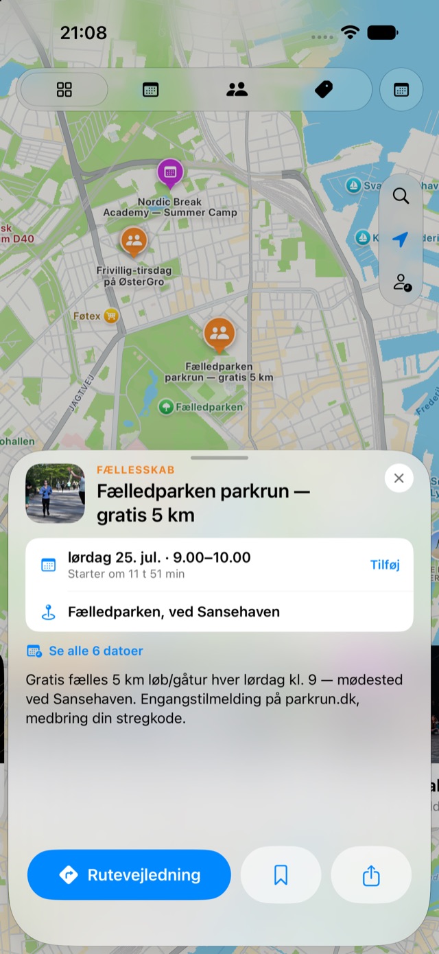 Detaljevisningen for Fælledparken parkrun med tidspunkt, mødested og knap til rutevejledning.