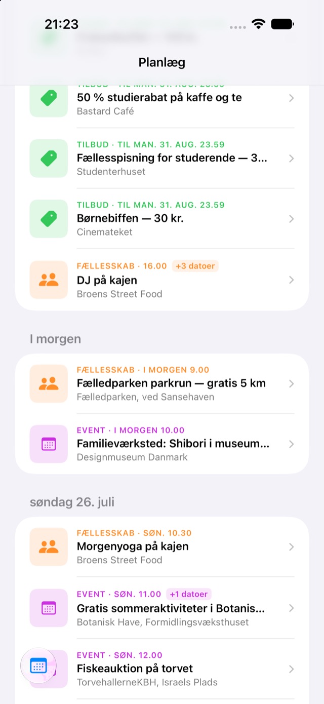 Planlæg-fanen i Jamii med opslag grupperet under I dag, I morgen og søndag 26. juli.