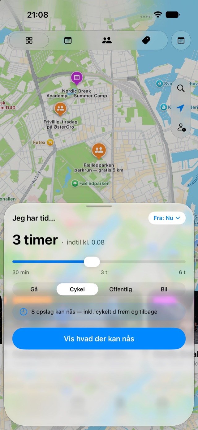 Tidsvælgeren i Jamii sat til 3 timer på cykel, med beskeden at 8 opslag kan nås.